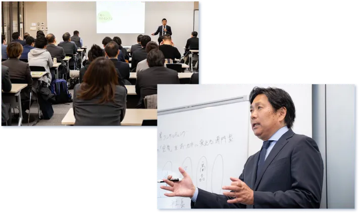 セミナー会場で参加者に向けて話す様子